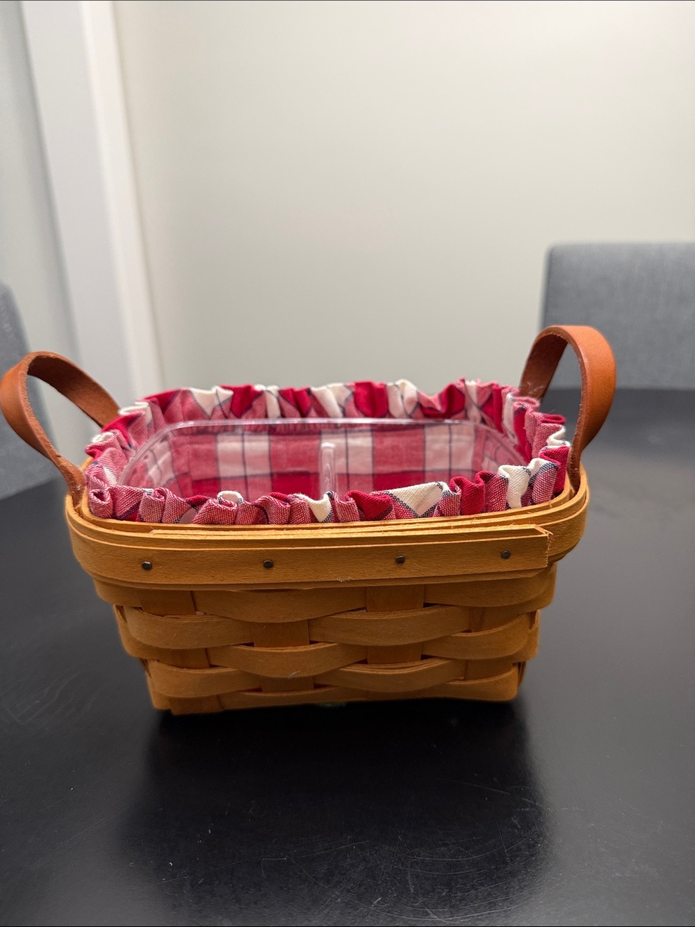 Longaberger Basket with Red Plaid Liner and Tan Weave